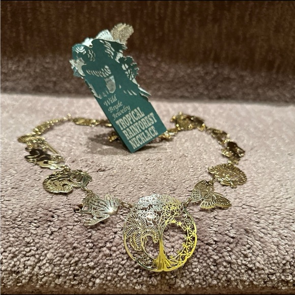 Vintage Wild Bryde Tree Of Life Rainforest Animals Bird Necklace Gold Tone 26" - Picture 3 of 4